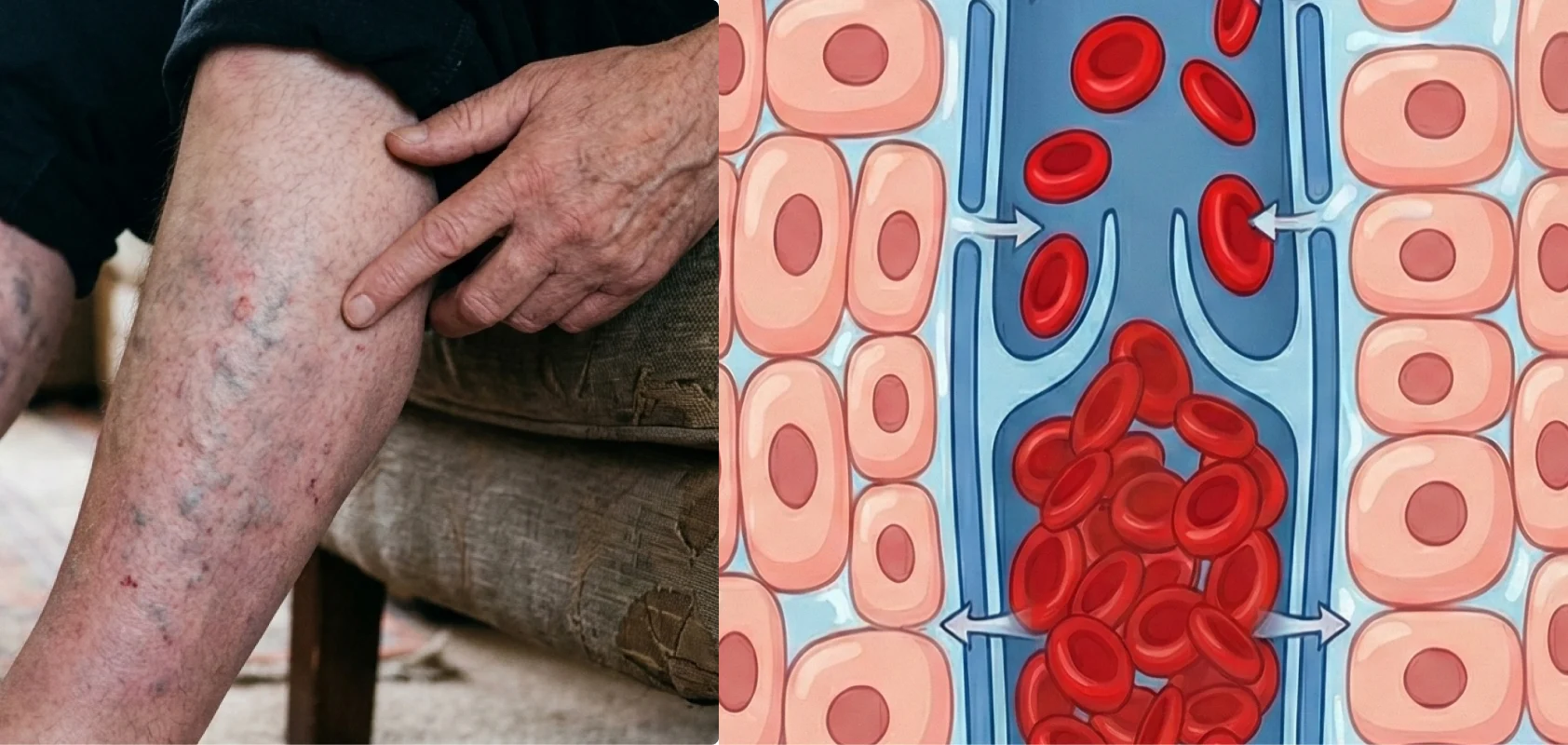 A person's leg with varicose veins next to a diagram of a blood clot in a vein.