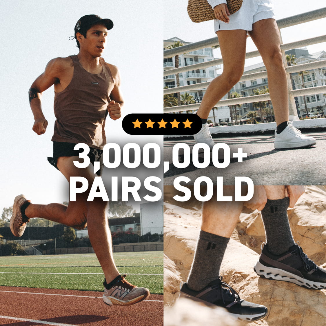 A collage of four photos of people in activewear with text overlay reading '3,000,000+ PAIRS SOLD'.