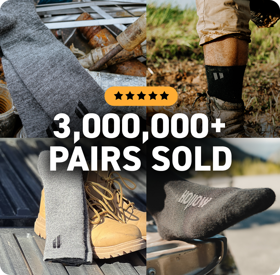 A four-panel collage showing socks in rugged settings with text saying '3,000,000+ Pairs Sold'.