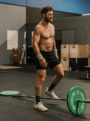 Man standing in a gym near a barbell with green weights.