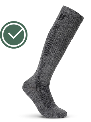 Gray knee-high sock with a checkmark symbol beside it.