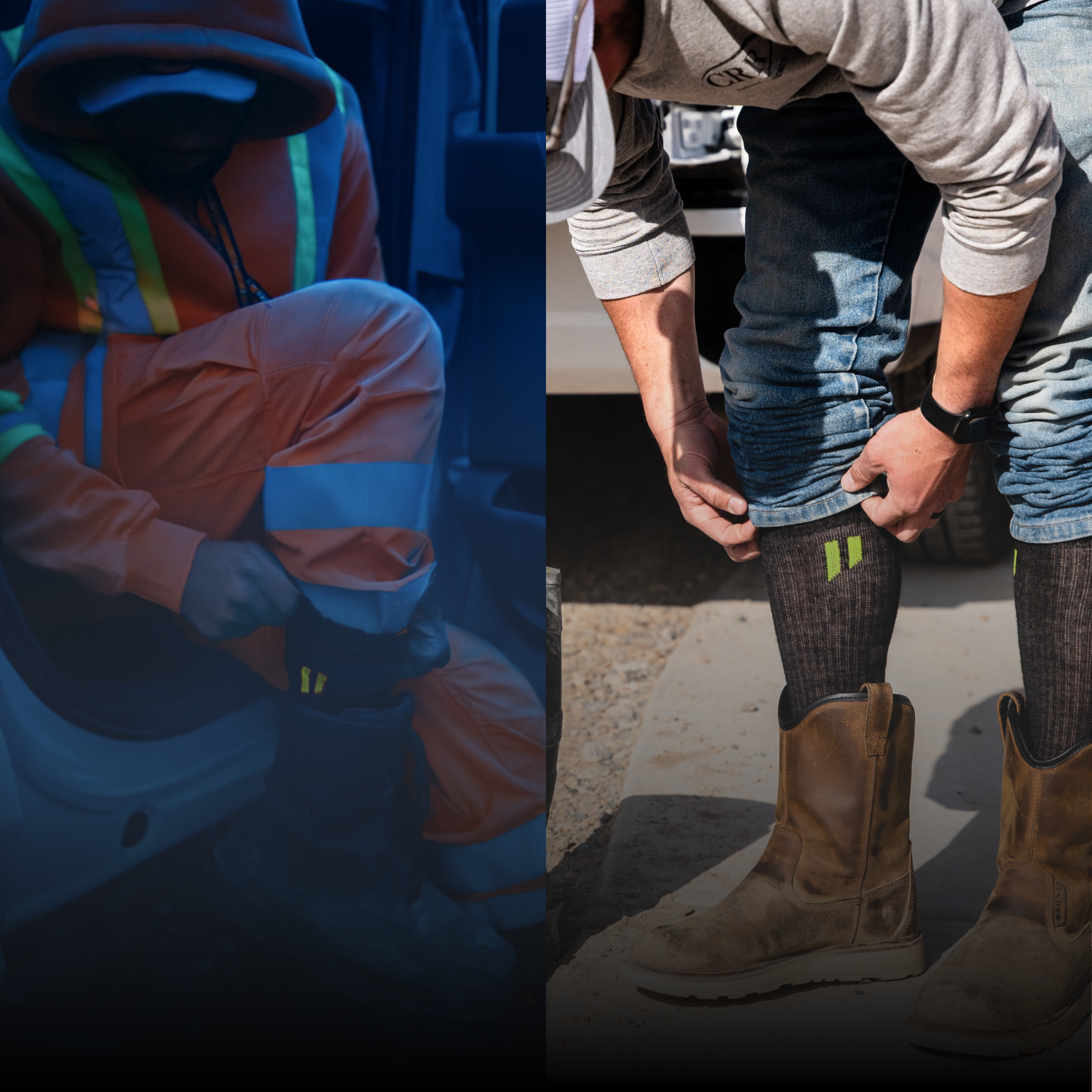 A split image showing two workers putting on their socks and work boots.