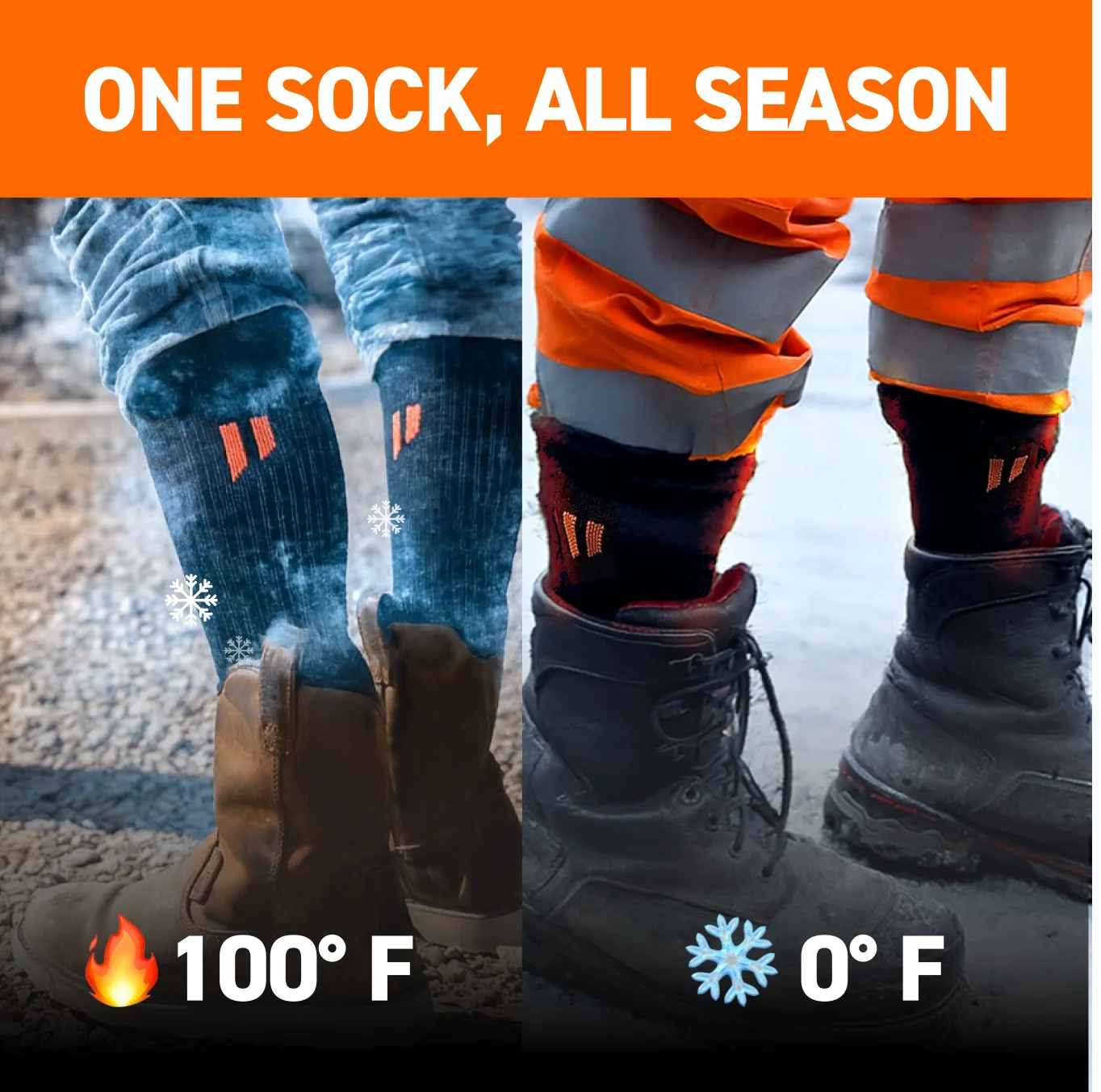 Two images of boots with socks, one hot, one cold, labeled 'ONE SOCK, ALL SEASON.'