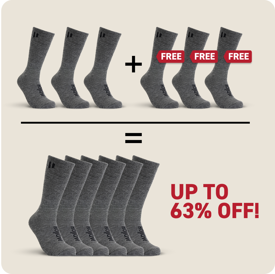 A promotional graphic showing three pairs of socks plus three free pairs, equaling six, with 63% off.