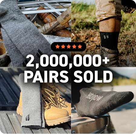 Collage of socks with text '2,000,000+ pairs sold' and a five-star rating icon.