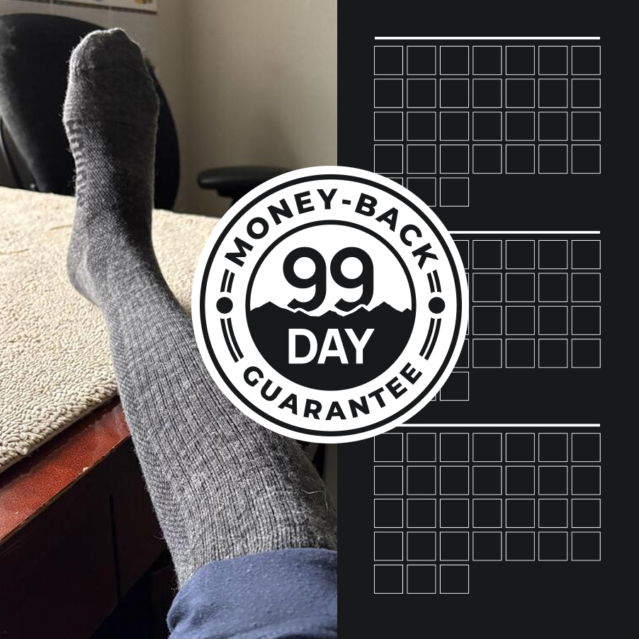 Person wearing a gray sock with a 99-day money-back guarantee badge.