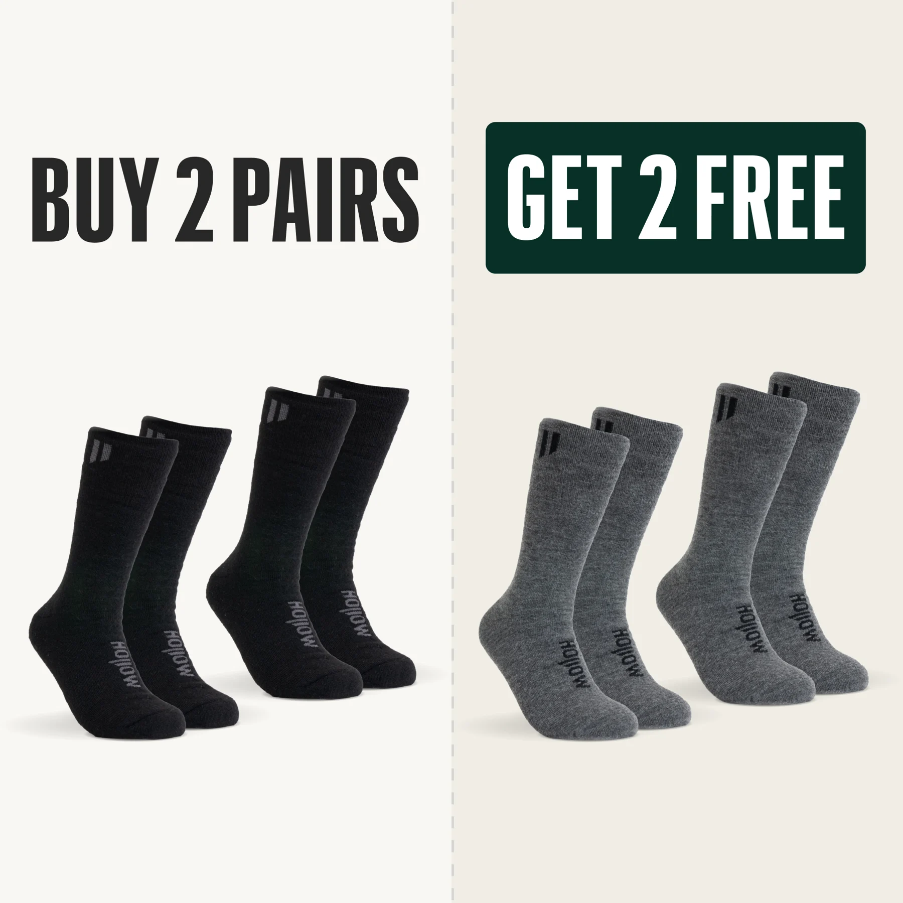 An ad for Hojiow socks: Buy 2 pairs get 2 free, showing black and grey socks.
