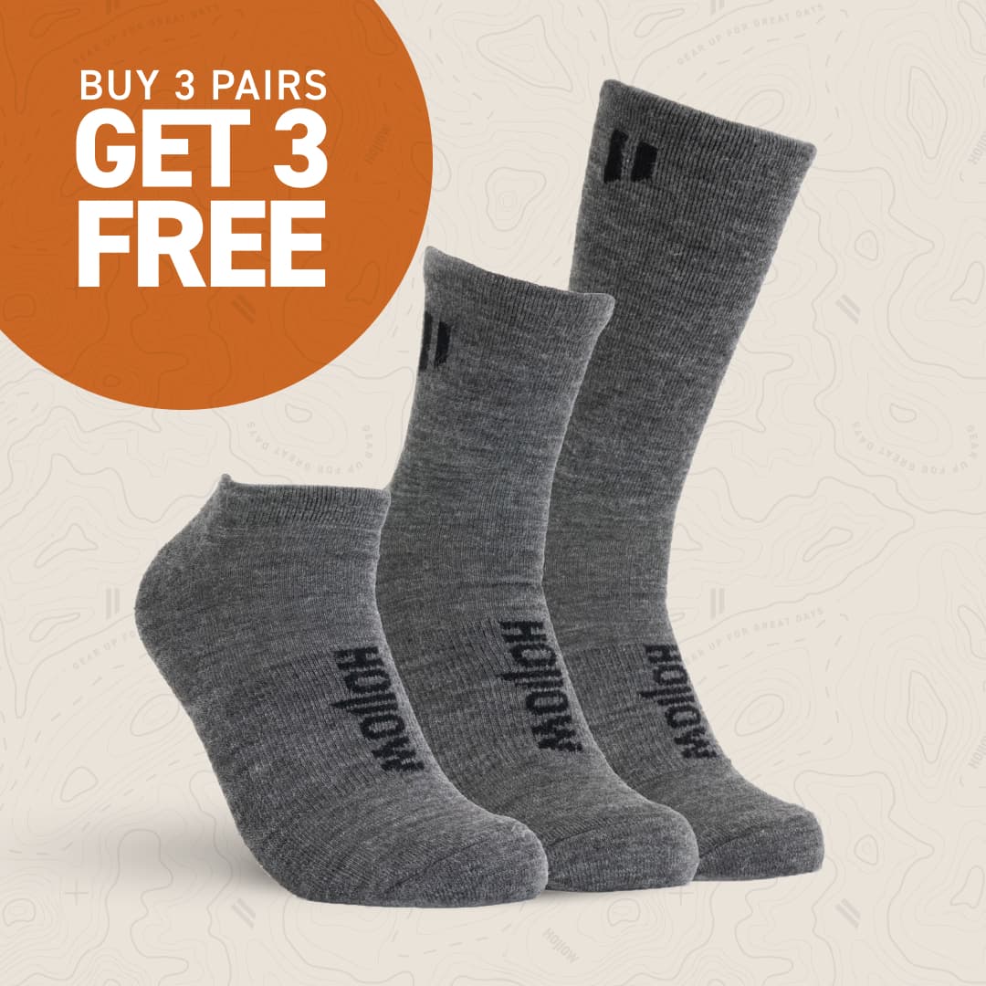 Three gray socks with 'Buy 3 Pairs Get 3 Free' offer.