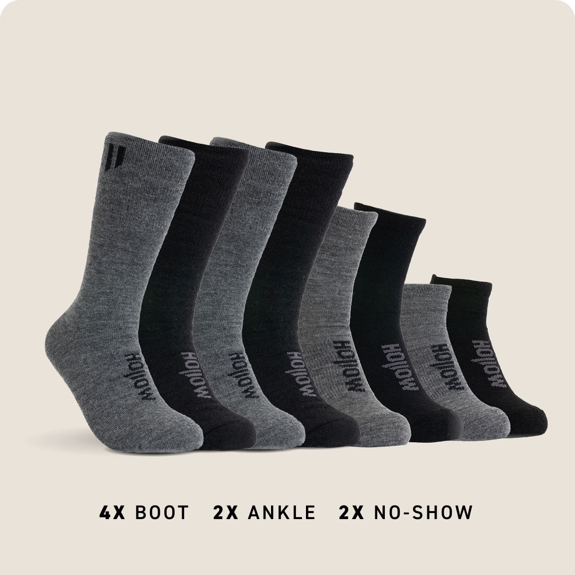 Six pairs of socks in varying lengths, from boot to no-show.