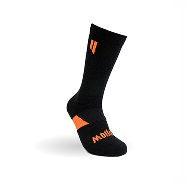 A single black athletic sock with orange accents on the heel, ankle, and cuff, on a white background.