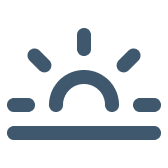 A dark blue icon of a stylized sunrise on a black background.