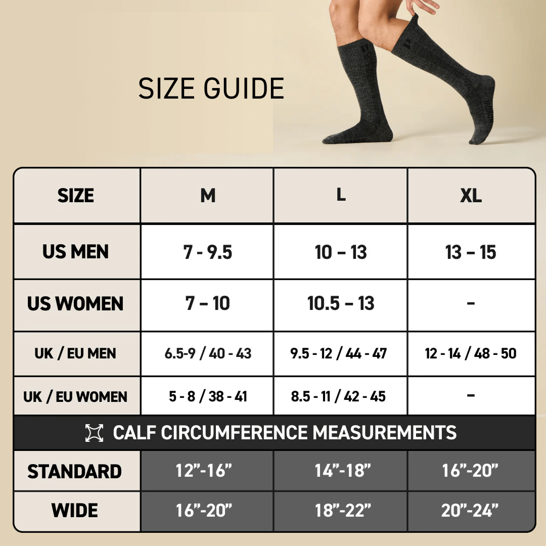Sock size guide with measurements for US and UK/EU men and women.