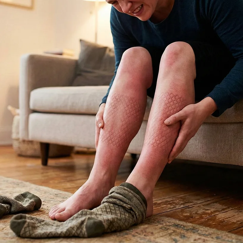 A person holds their legs, showing red, patterned indentations left by their socks.