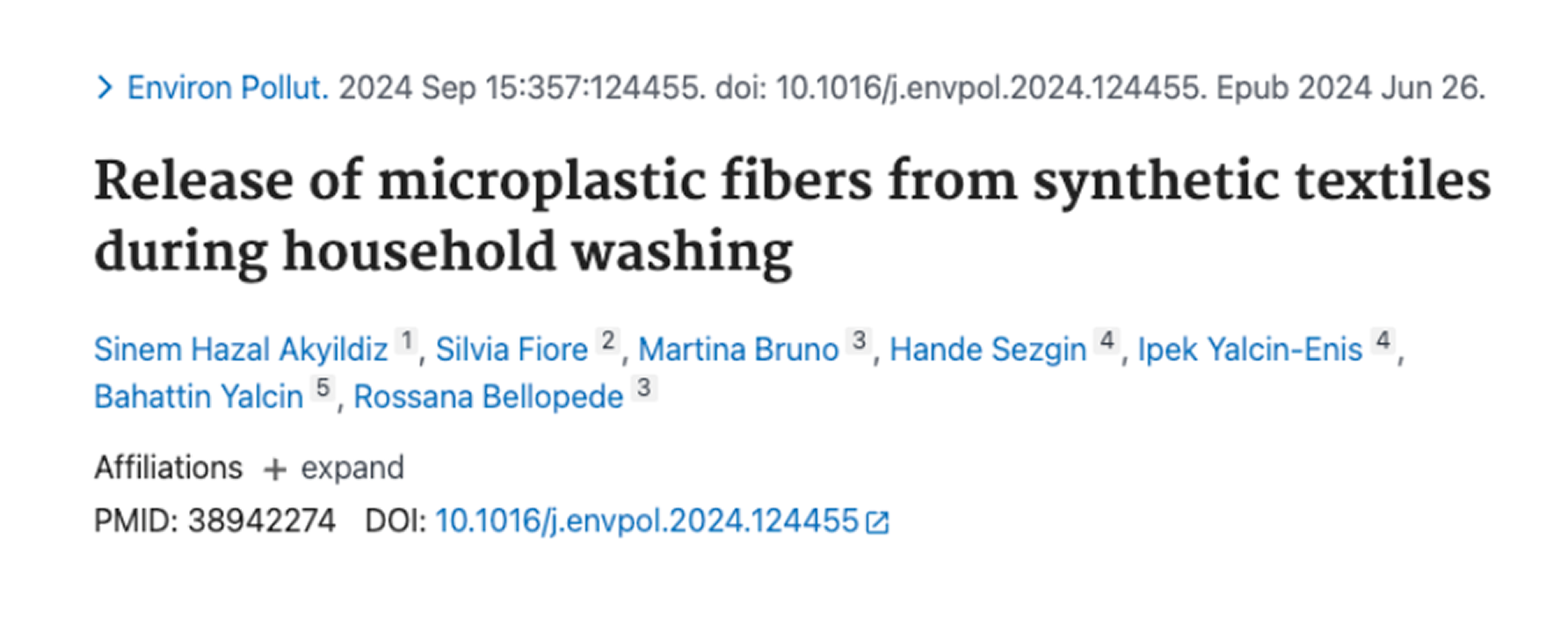 The header of a scientific article about the release of microplastic fibers from synthetic textiles during washing.