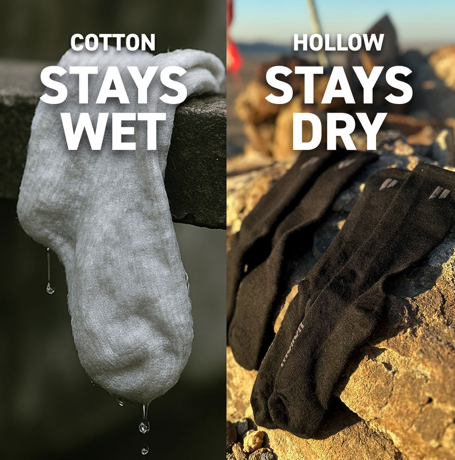 Comparison of wet cotton sock and dry hollow sock on rocks.