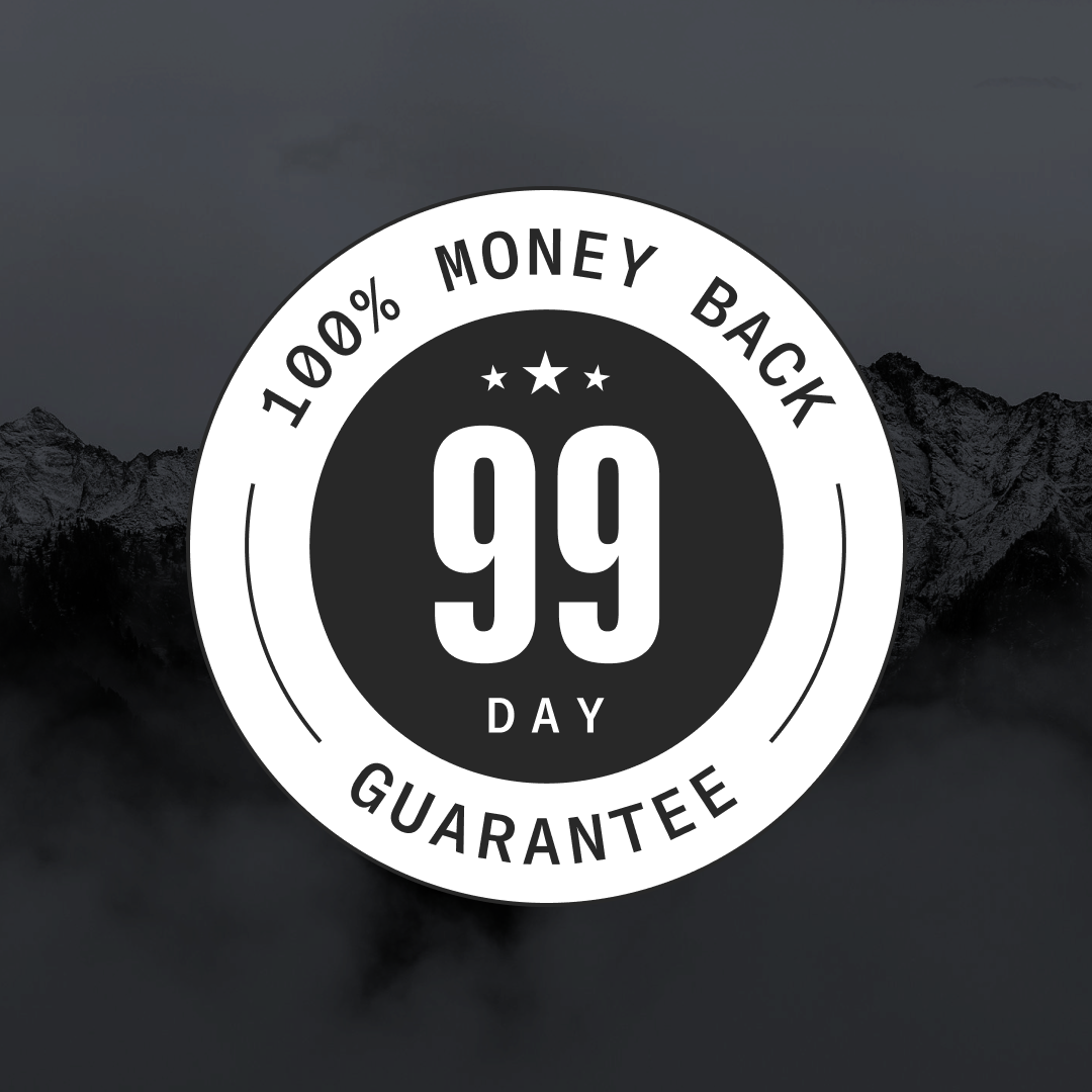 A '100% Money Back 99 Day Guarantee' badge over a background of dark, foggy mountains.