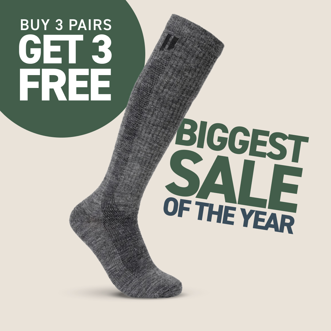 Gray sock with text promoting a sale: 'Buy 3 Pairs, Get 3 Free.'