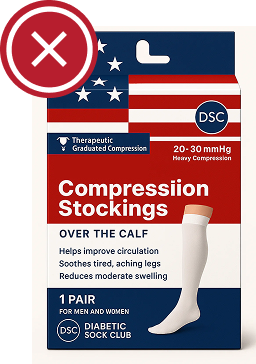 Packaging for compression stockings with product details and benefits listed.