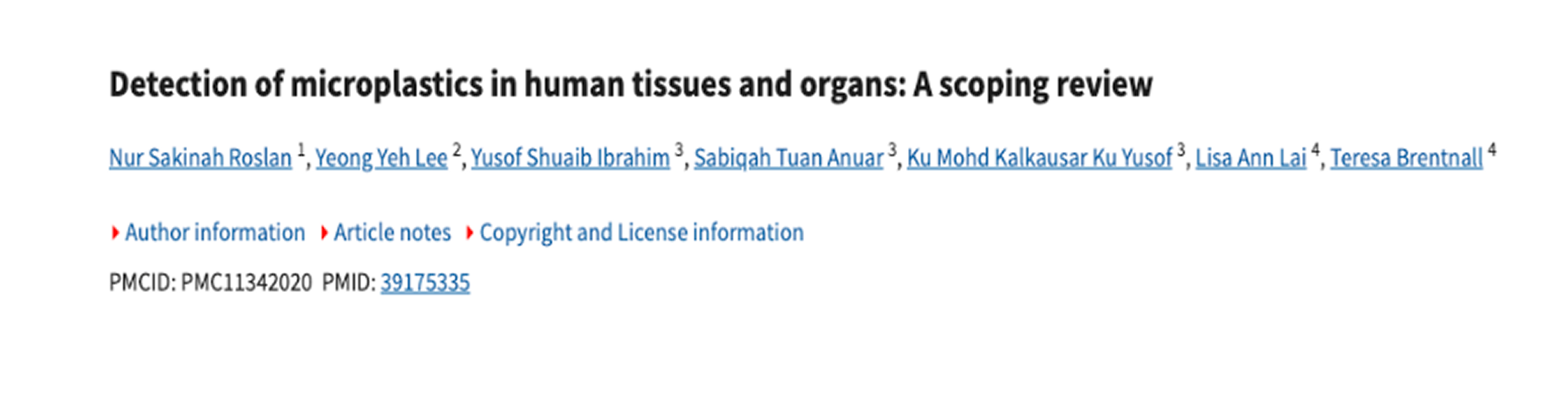 A screenshot of the title and author list for a scientific review on microplastics in human tissues.