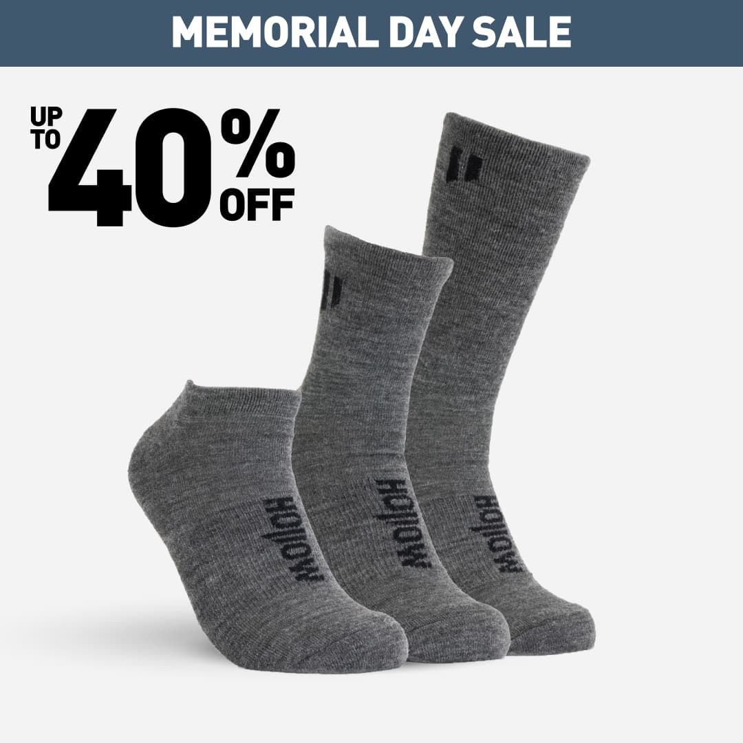 Three gray socks with 'Memorial Day Sale' and 'Up to 40% off' text.