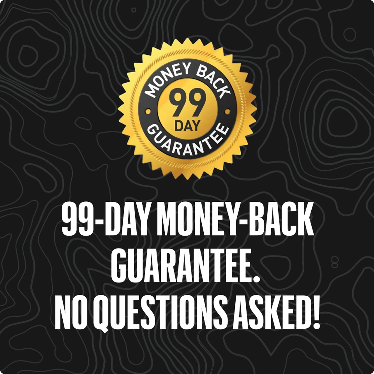 A gold seal and text advertising a 99-day money-back guarantee, no questions asked.