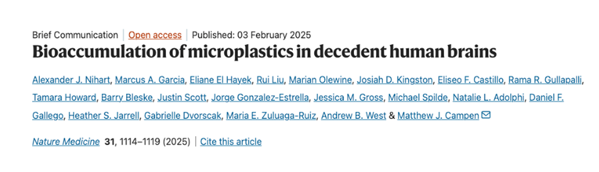 A screenshot of the header for a scientific article titled 'Bioaccumulation of microplastics in decedent human brains'.