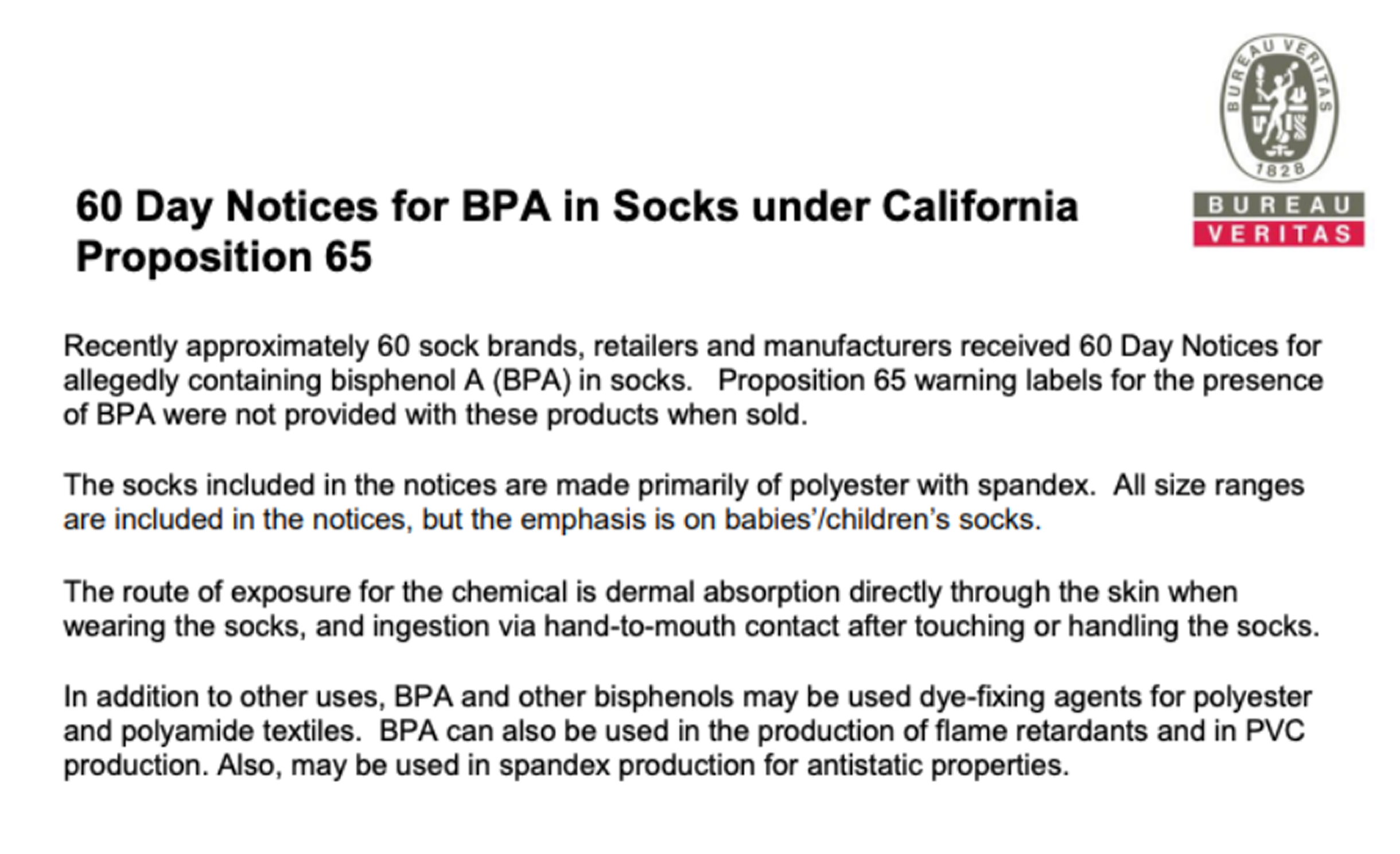 A screenshot of a document titled '60 Day Notices for BPA in Socks under California Proposition 65'.