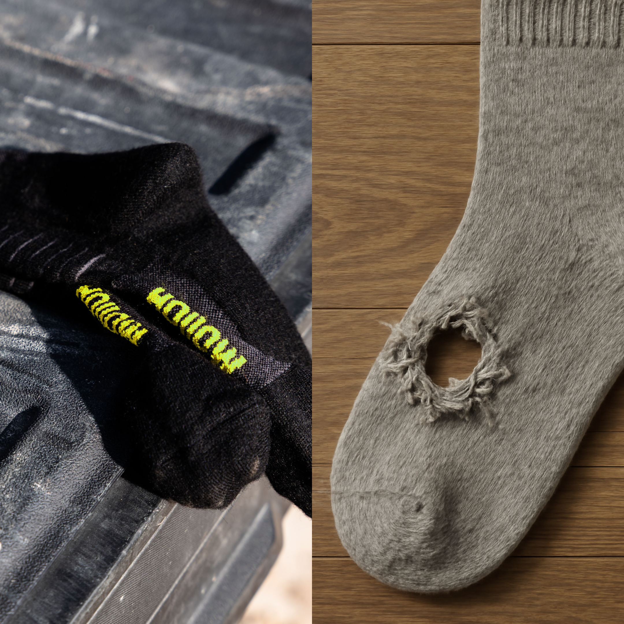 A split image showing a new black sock on the left and a worn-out grey sock with a hole.