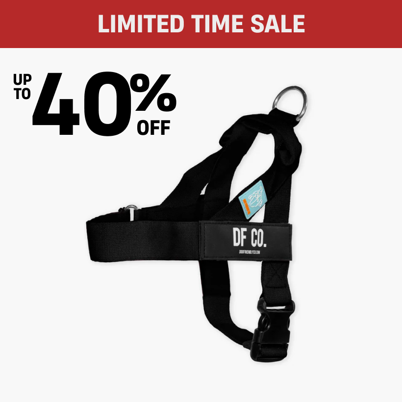 Black dog harness with sale text, 'Limited Time Sale, Up to 40% Off.'
