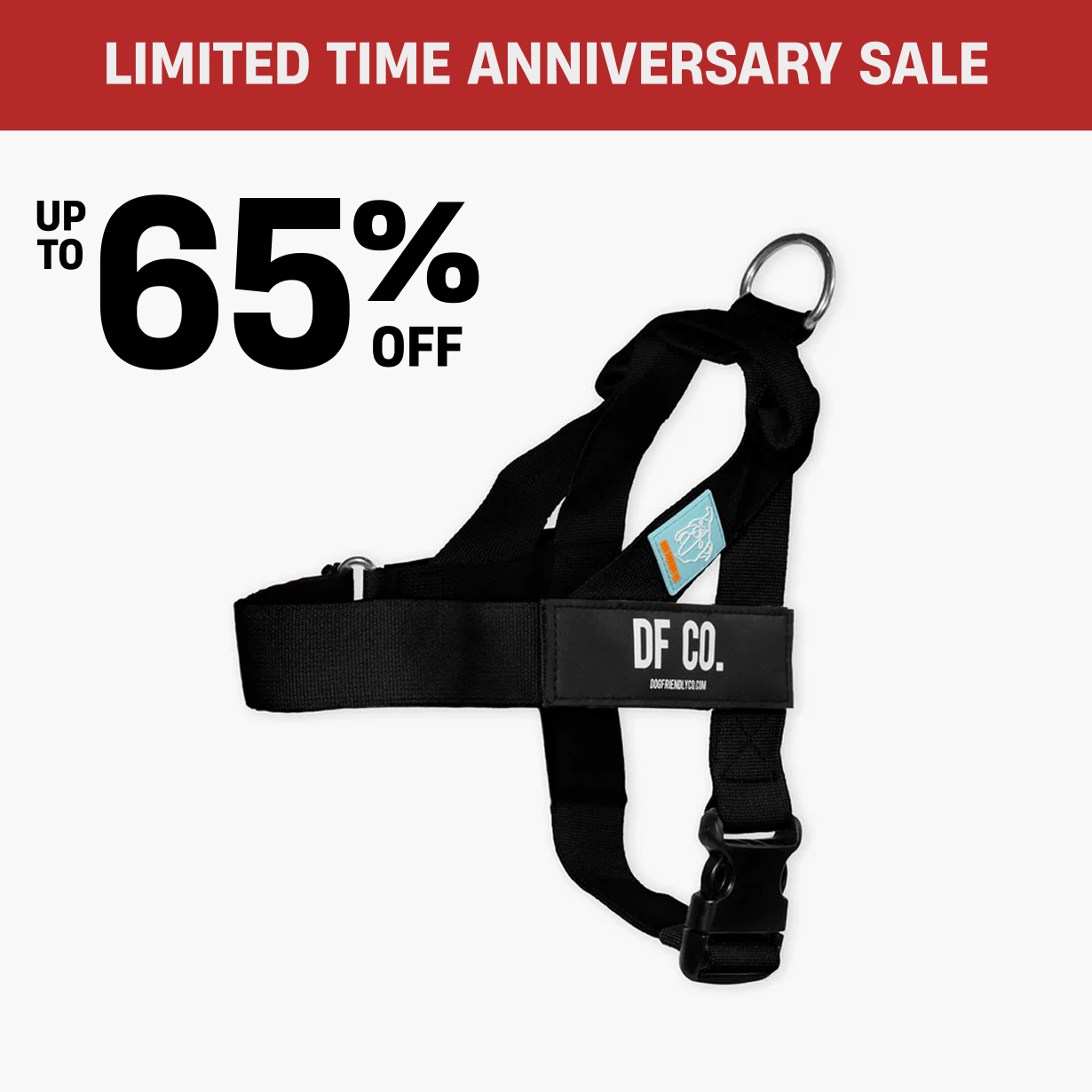 Black dog harness with sale text and discount offer.