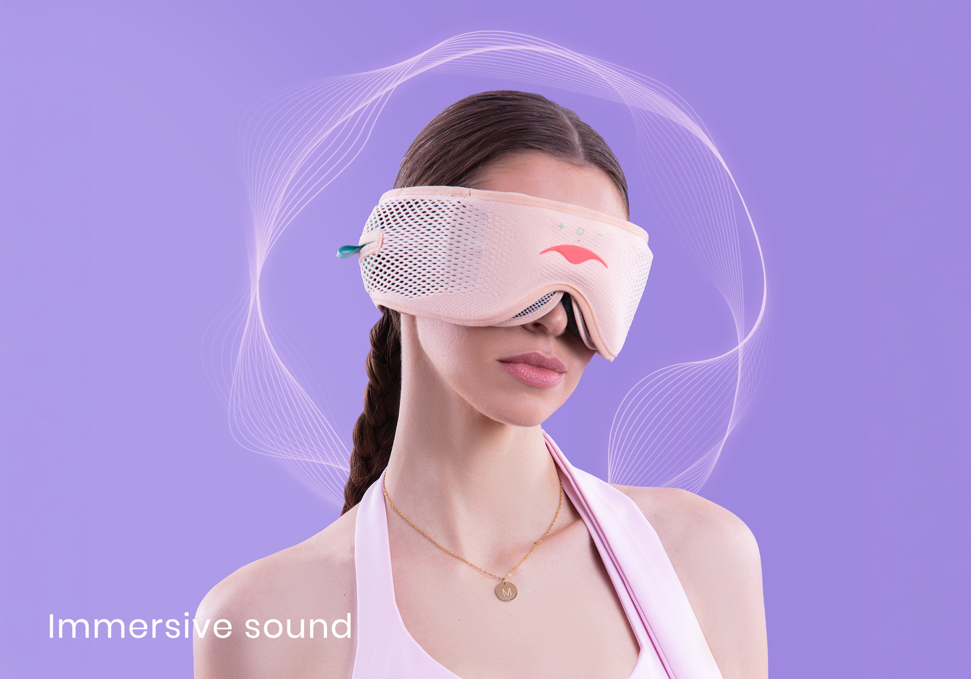 Person wearing a virtual reality headset with a purple background.