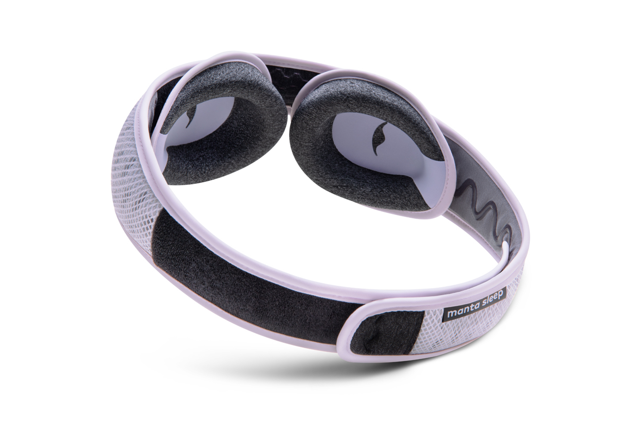 Gray and black sleep mask with adjustable strap, labeled 'manta sleep.'
