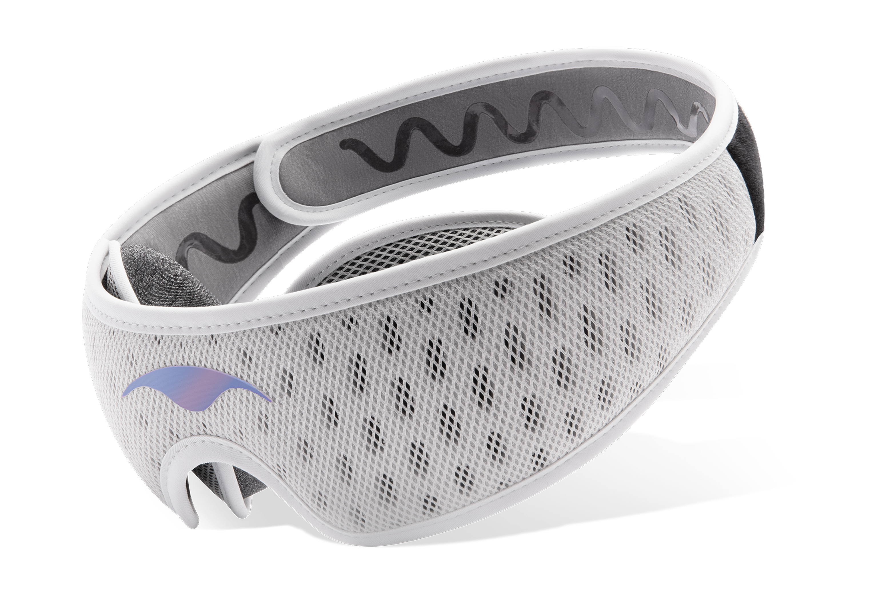 A white and grey mesh wearable headband with a wavy inner grip, on a white background.