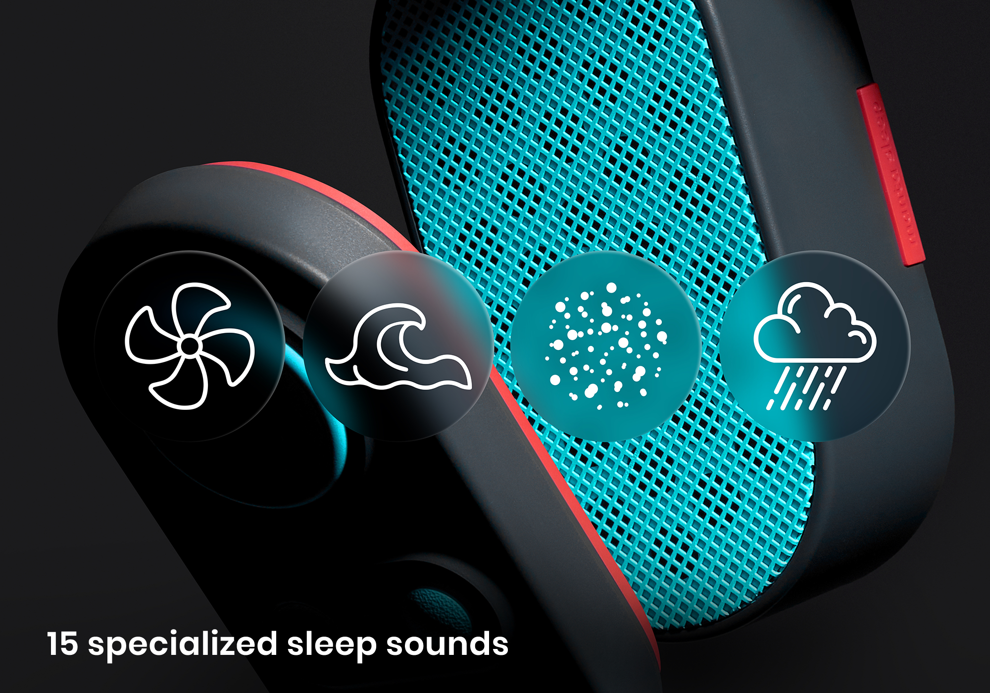 Close-up of a speaker with icons for sleep sounds: fan, wave, noise, rain.