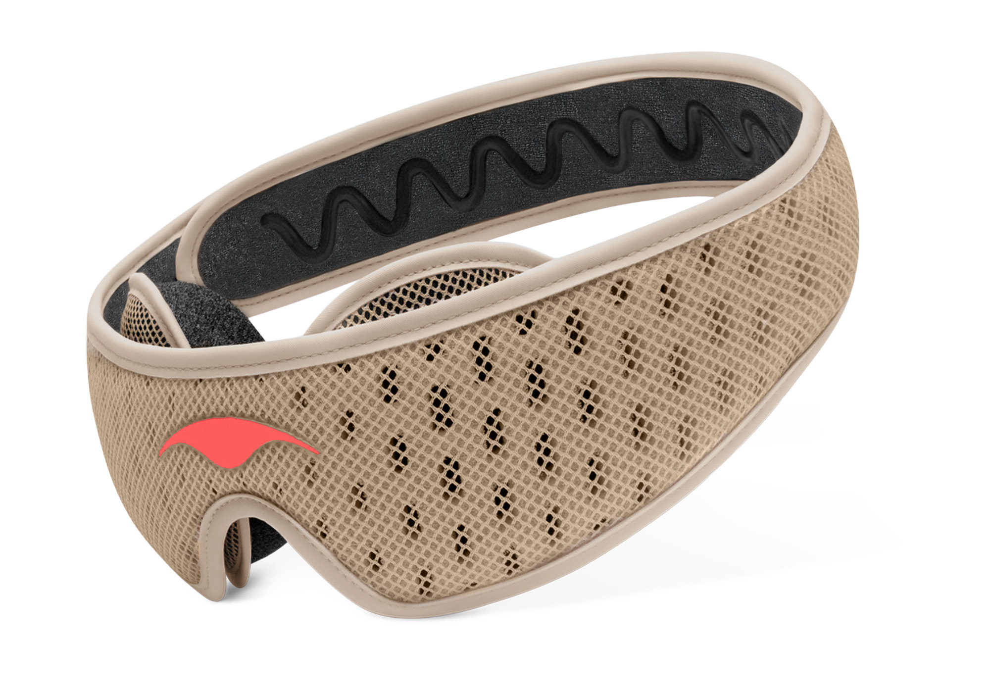 A beige mesh headband with a wavy black interior lining and a red logo on a white background.