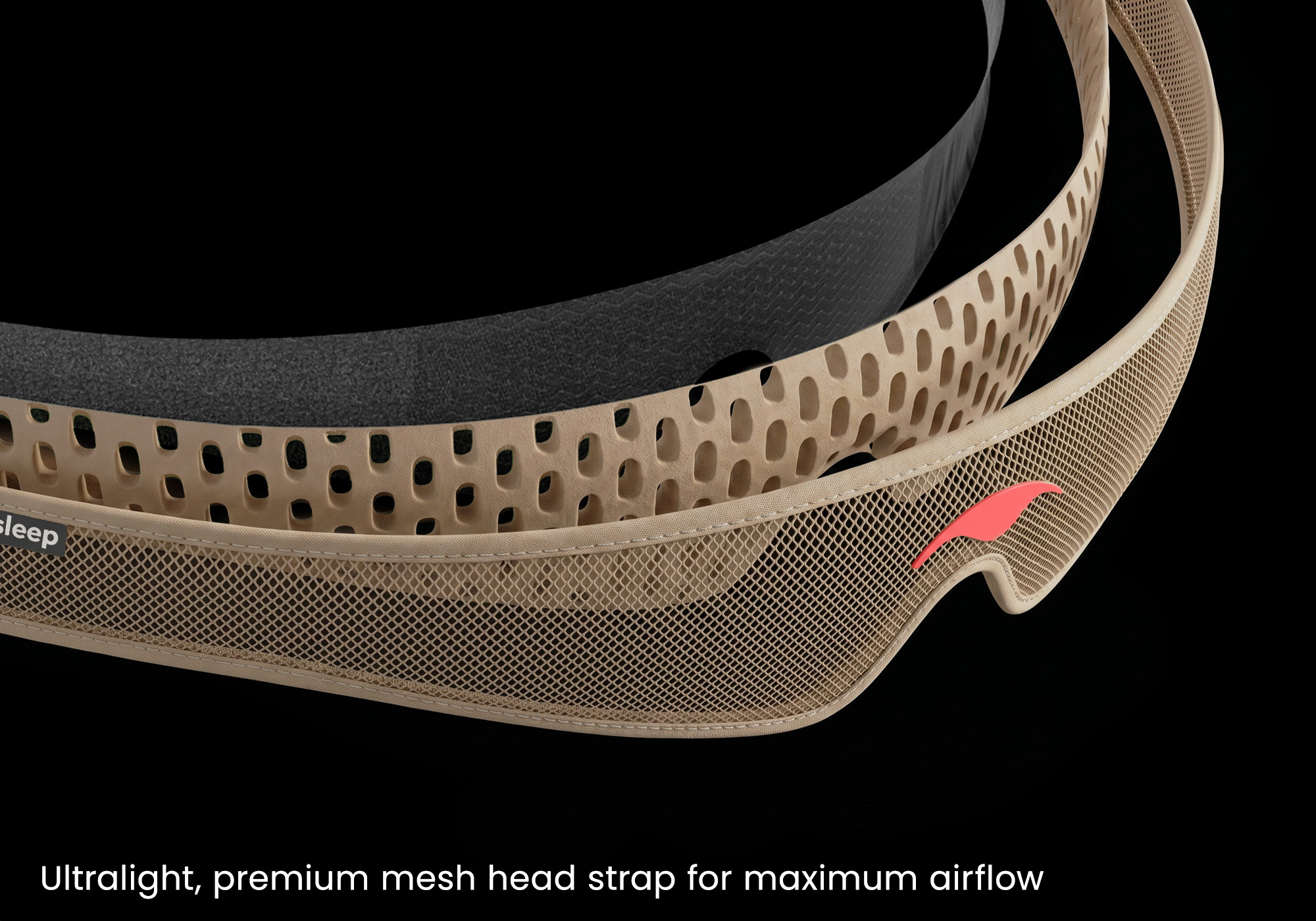 A close-up of the different layers of a beige, mesh head strap against a black background.