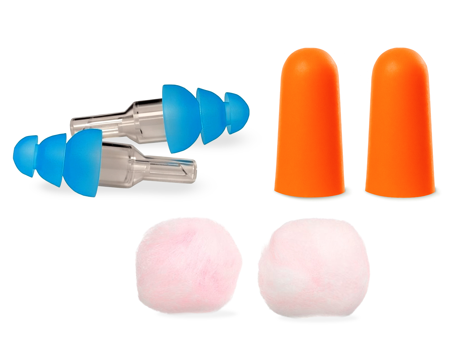 Assorted earplugs: blue with stems, orange foam, and pink cotton balls.