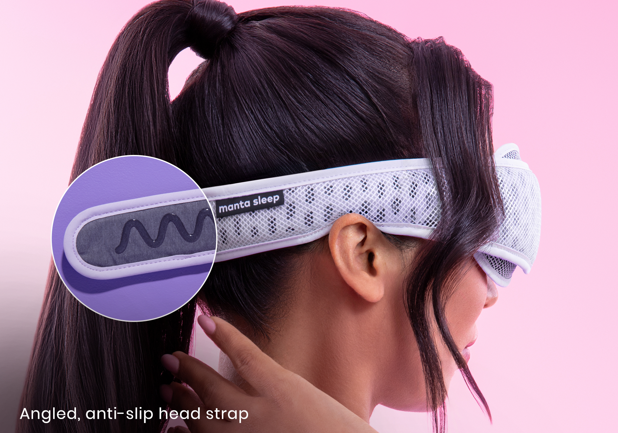 Close-up of a person wearing a Manta Sleep mask with anti-slip head strap.
