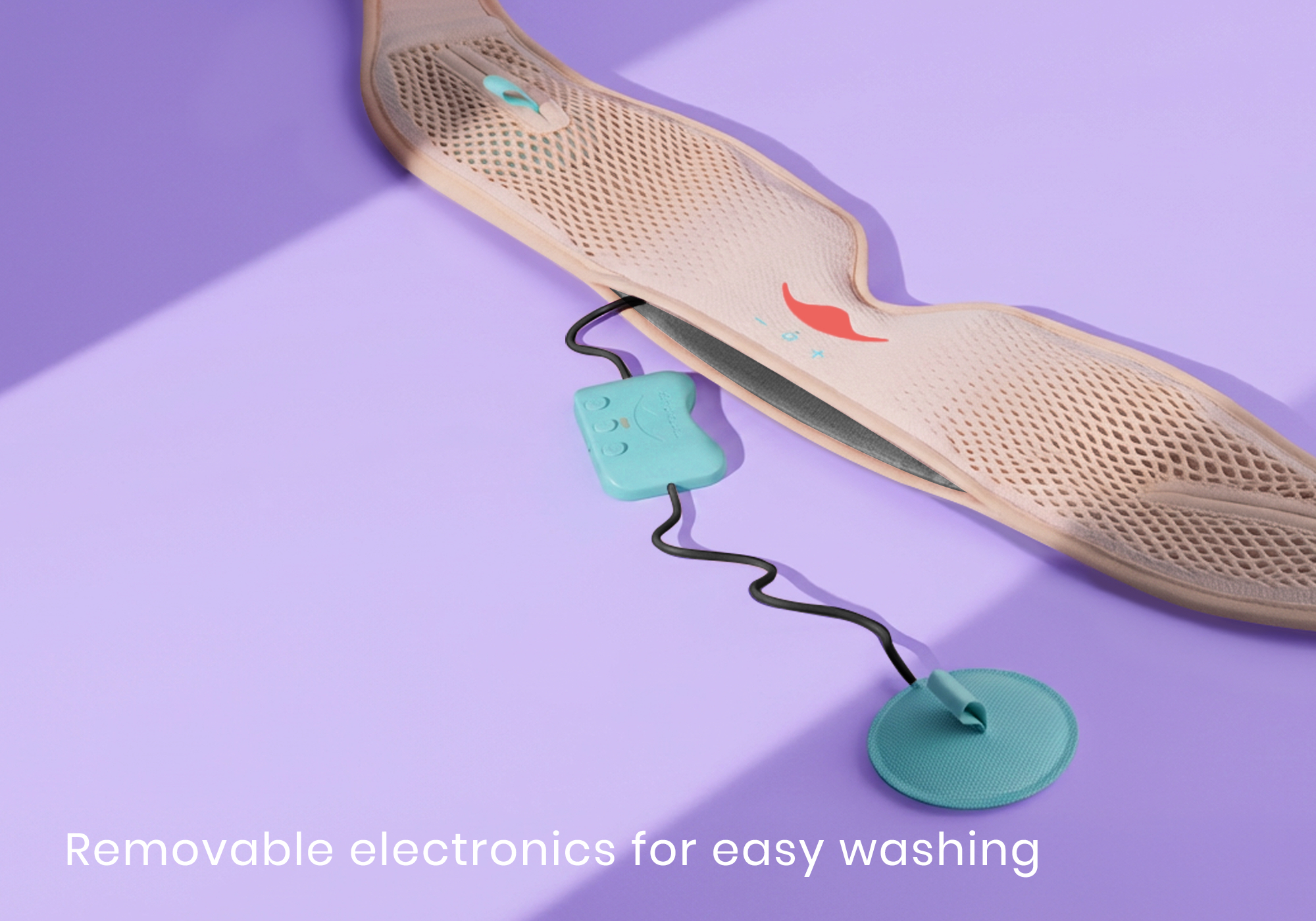 Mesh belt with detachable electronics on a purple surface.