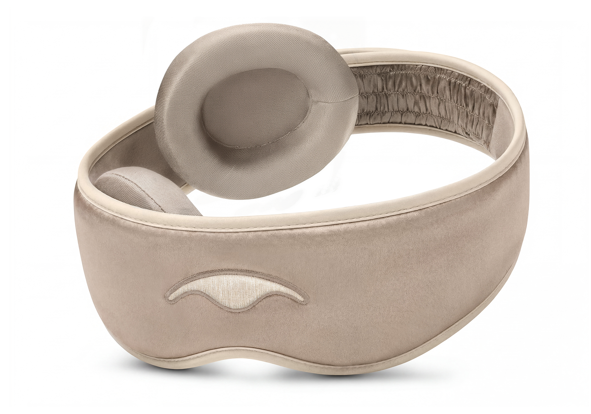 A beige silk eye mask with padded eye cups on a white background.