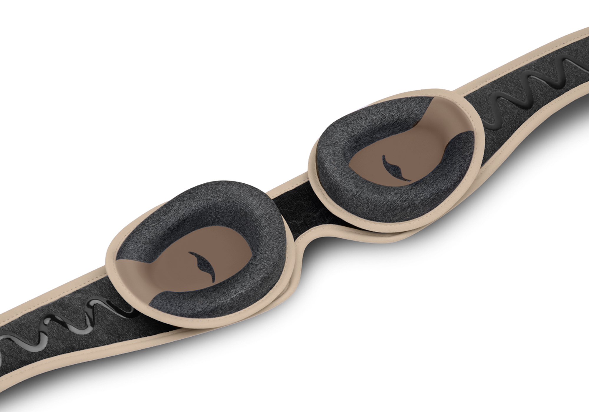 A close-up of a padded sleep mask with contoured eye cups and a non-slip strap on a white background.