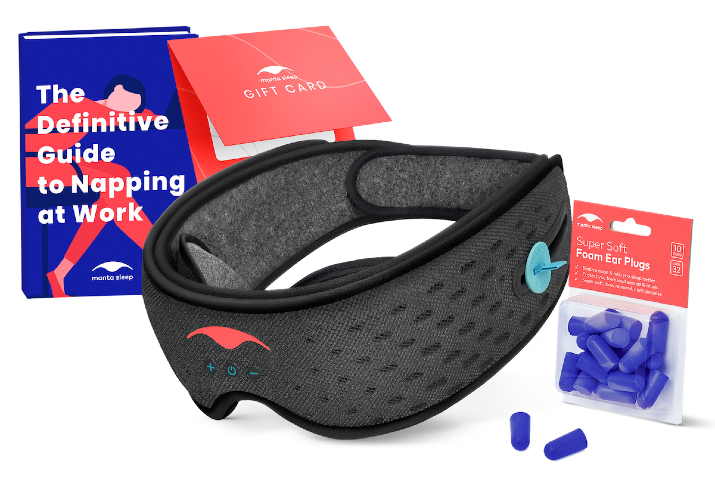 Sleep mask, ear plugs, gift card, and book titled 'The Definitive Guide to Napping at Work.'