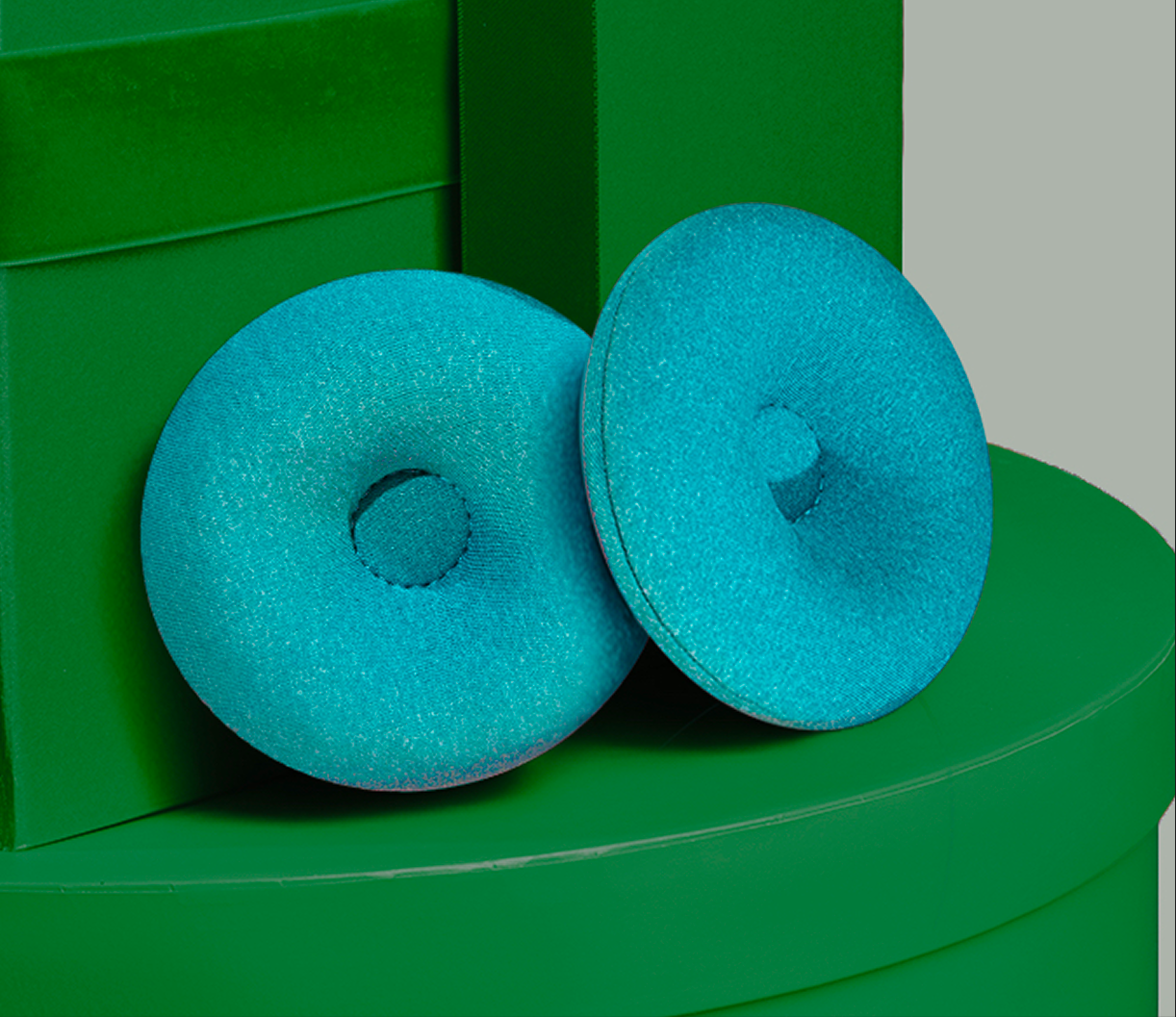 Two blue donut-shaped objects on a green surface.