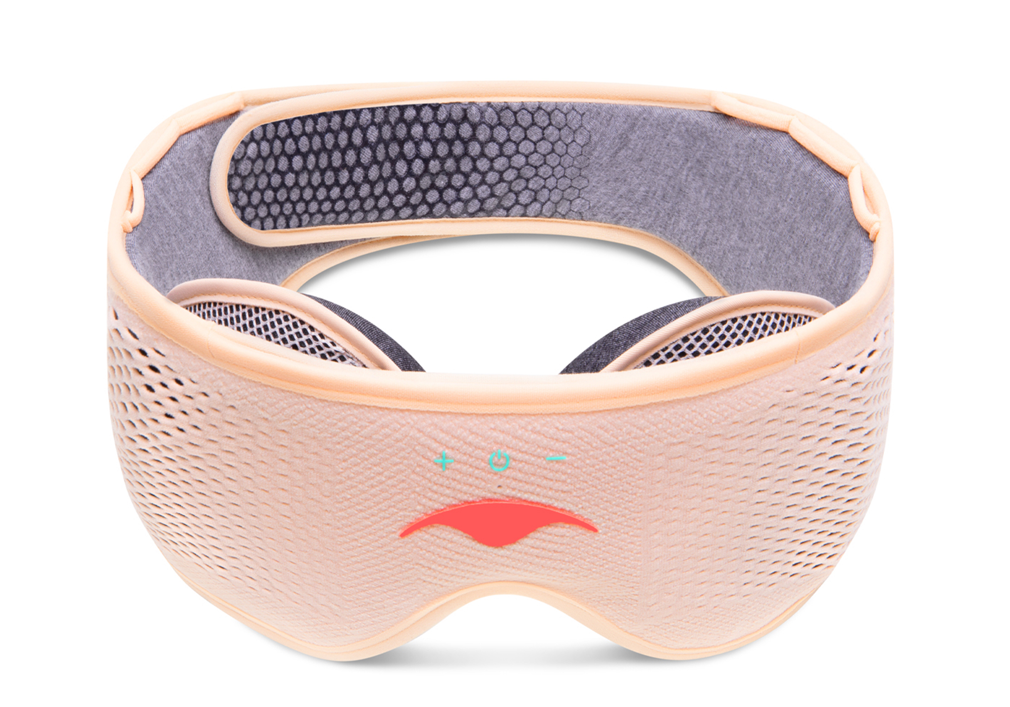Massaging eye mask with mesh design and control buttons on the front.