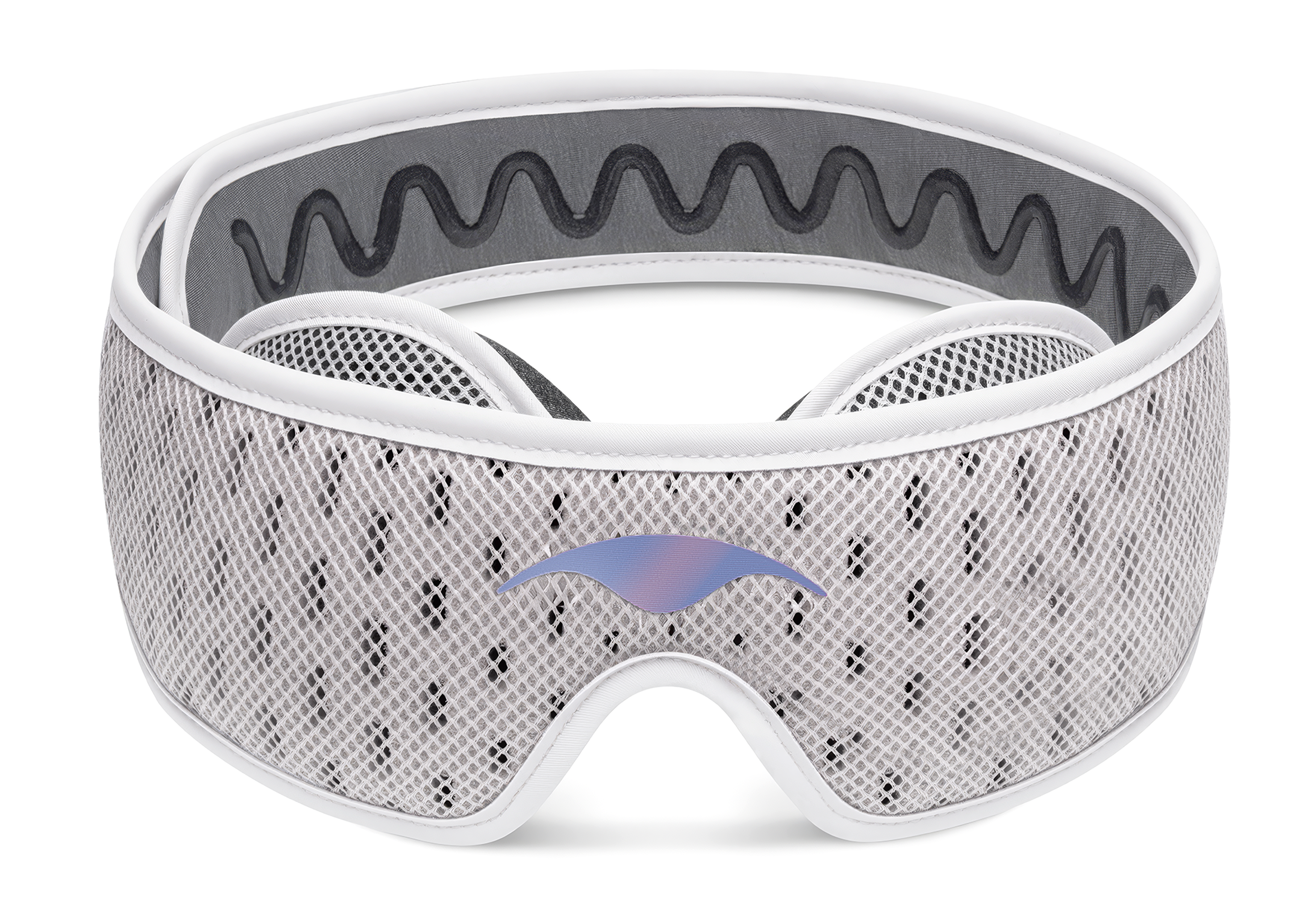 A white and grey mesh eye mask with a wavy grip line on the inner band against a white background.