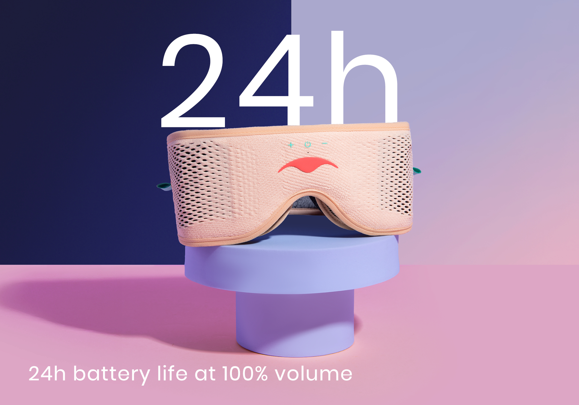 Peach-colored eye mask on a purple pedestal with '24h' text above.