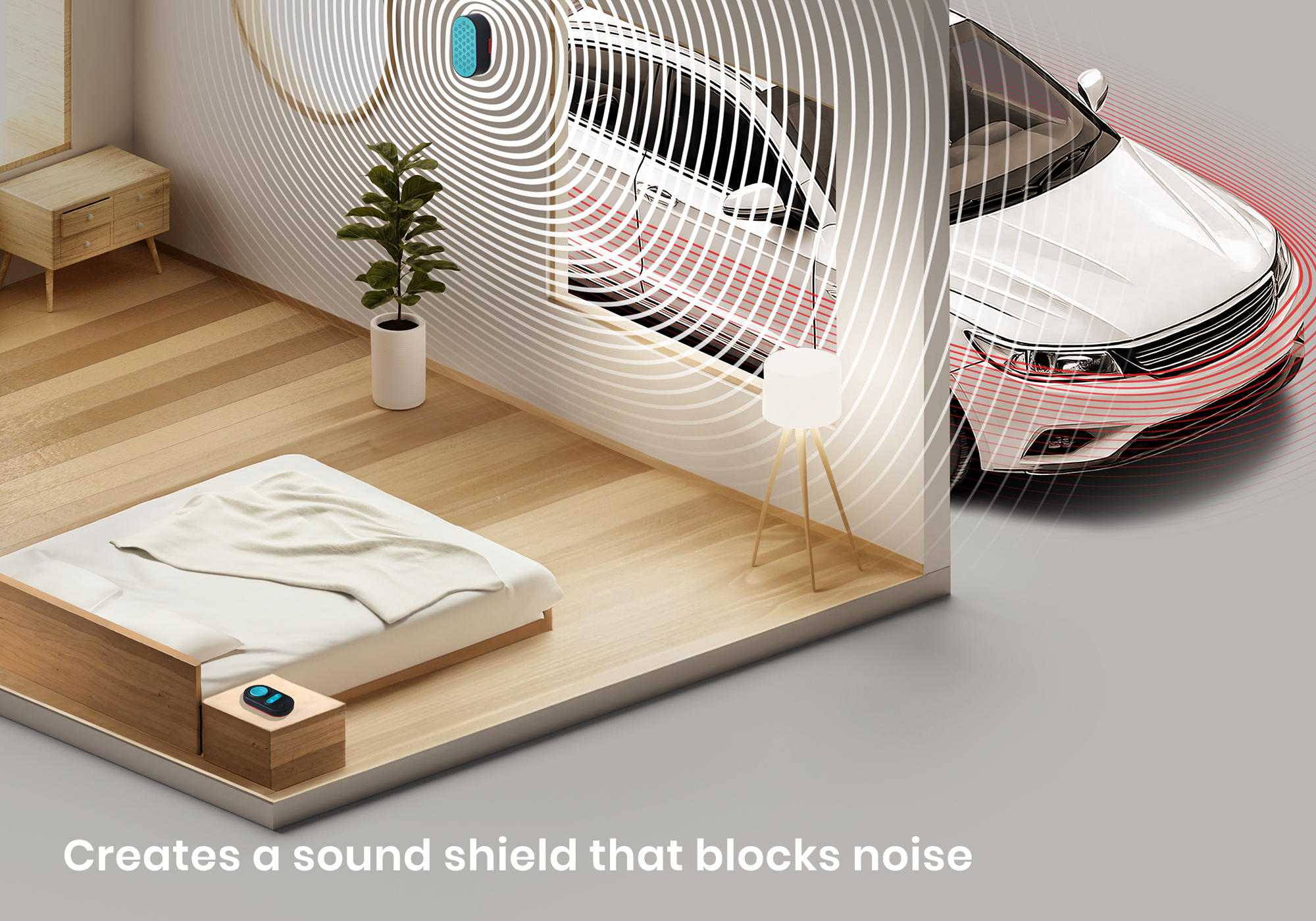Room with a bed, sound waves, plant, car visible, text overlay.