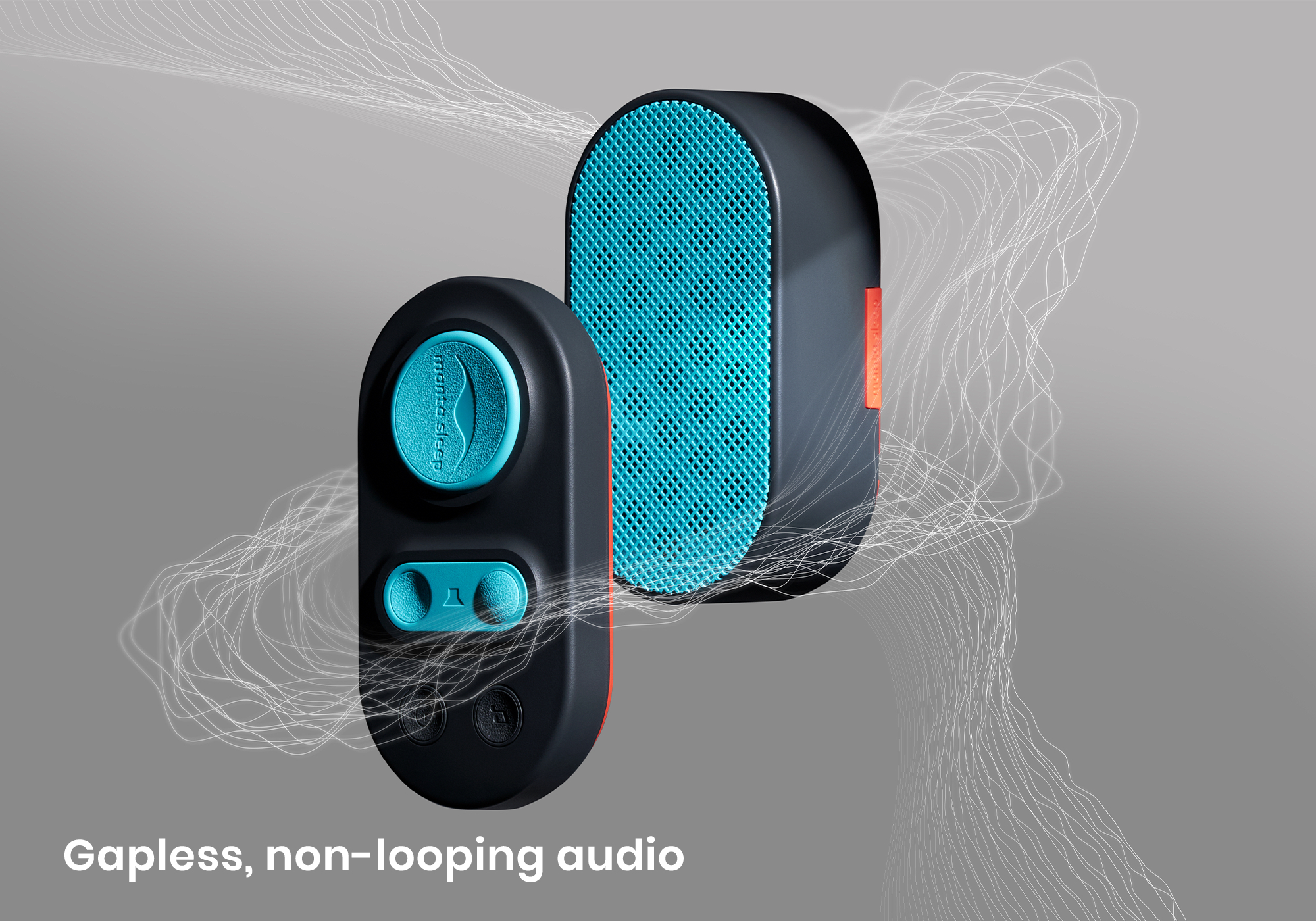 Two modern audio devices with turquoise accents on a gray background.