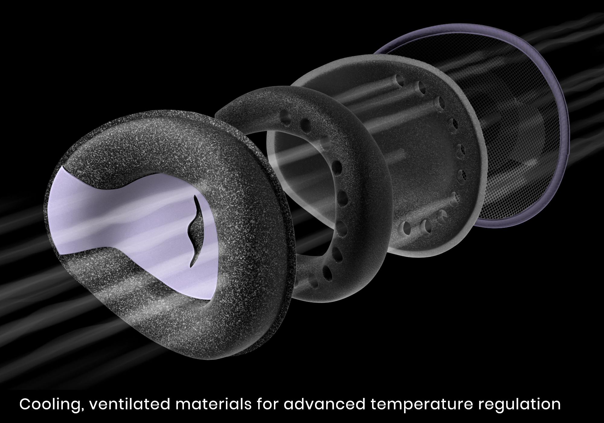 Exploded view of cooling, ventilated materials showcasing advanced temperature regulation layers.