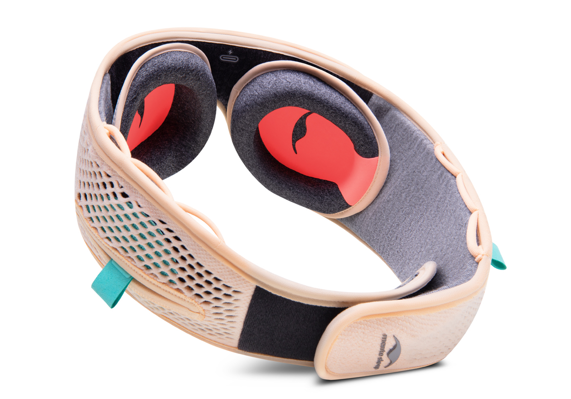 Curved neck massager with padded red and grey interiors.